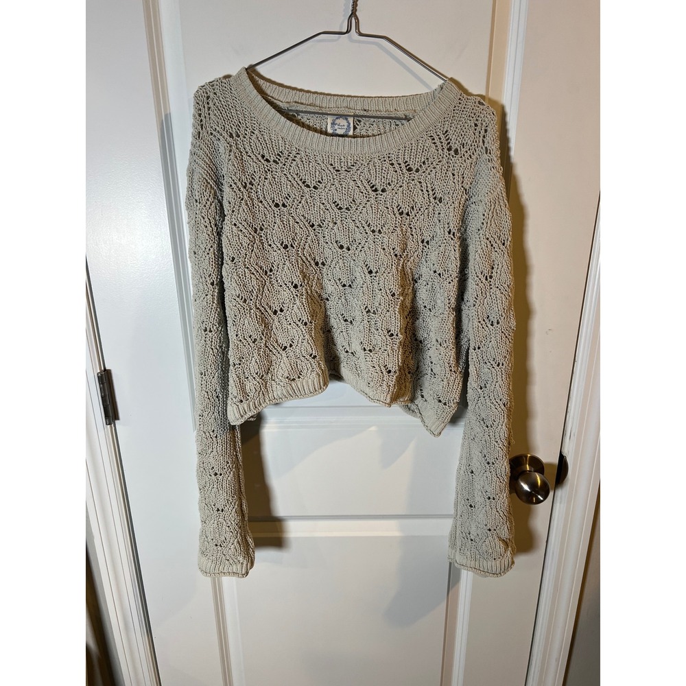 Blue Rain Women Sweater‎ Crochet Pointelle Knit Beige Large